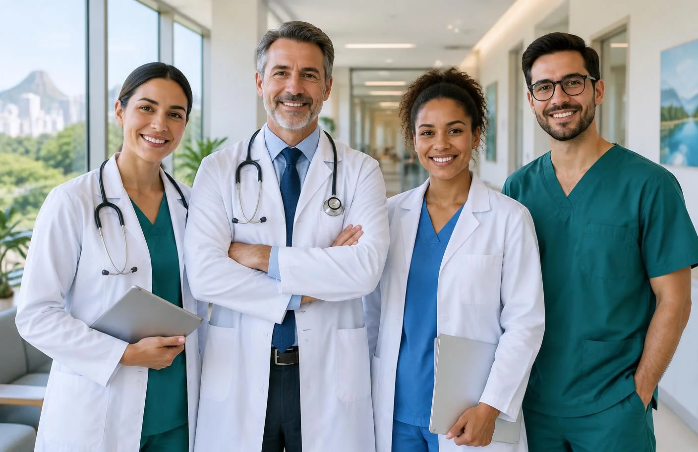 Equipe multidisciplinar em ambiente clínico moderno